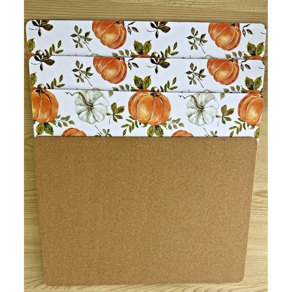 Cork Non-Slip Placemat Set of 4 Pumpkin Fall Thanksgiving, Orange/White/Green